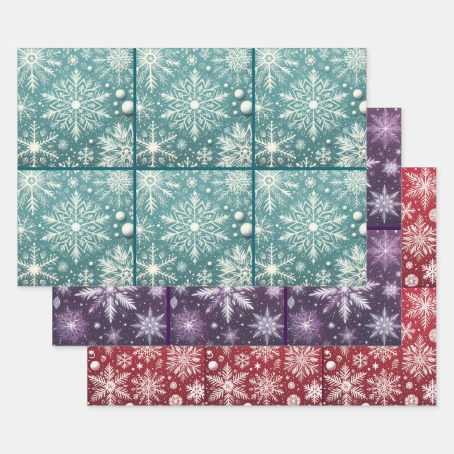 Hoja De Papel De Regalo Navidades Snowflakes Verde azulado Red Purple Deco (Set)