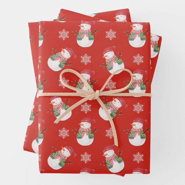 Hoja De Papel De Regalo Navidades Snowman y los copos de nieve rojos (In situ)
