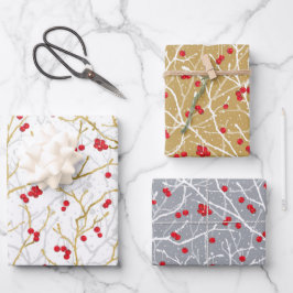 Hoja De Papel De Regalo Navidades Snowy Winterberries | Oro/Gris/Rojo/WW |