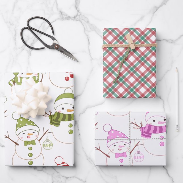 Hoja De Papel De Regalo Navidades Super Cute de Snowman y Holiday Plaid (Anverso)