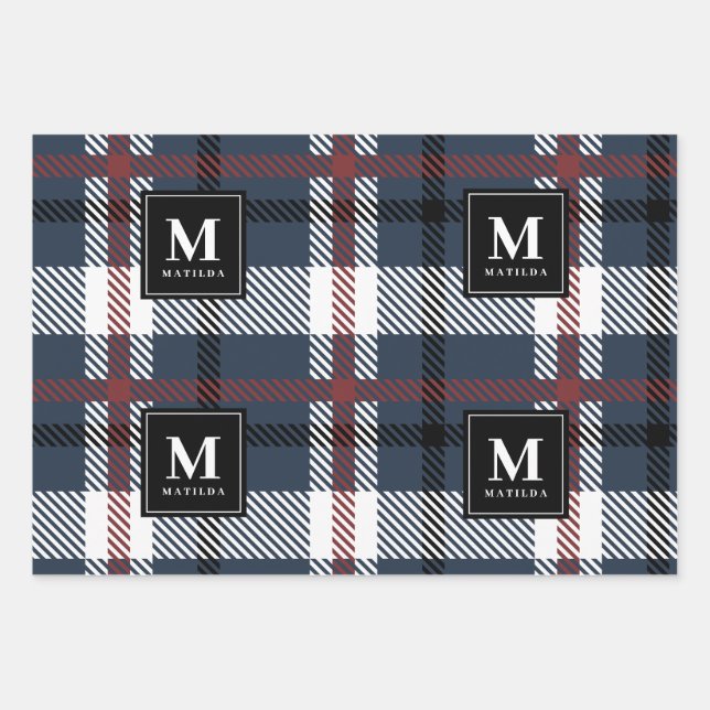 Hoja De Papel De Regalo navidades tartan en monograma personalizados (Anverso)