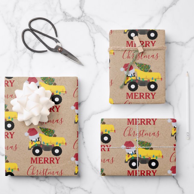 Hoja De Papel De Regalo Navidades tiran camiones de construcción (Anverso)
