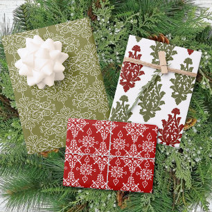 Hoja De Papel De Regalo Navidades tradicionales de Damasco Verde Rojo de I