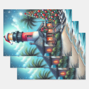 Hoja De Papel De Regalo Navidades tropicales caprichosos faro rojo Verde a