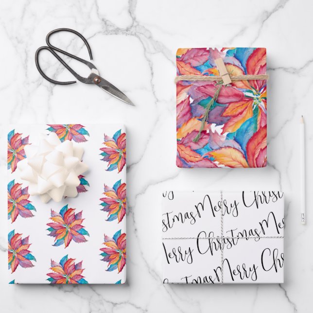 Hoja De Papel De Regalo Navidades únicos regalos acuarela Poinsettia (Anverso)