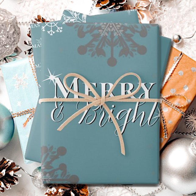Hoja De Papel De Regalo Navidades verde azulados de los cerezos y los flam (Teal Merry and Bright Snowflakes Christmas Wrapping Paper Sheets)