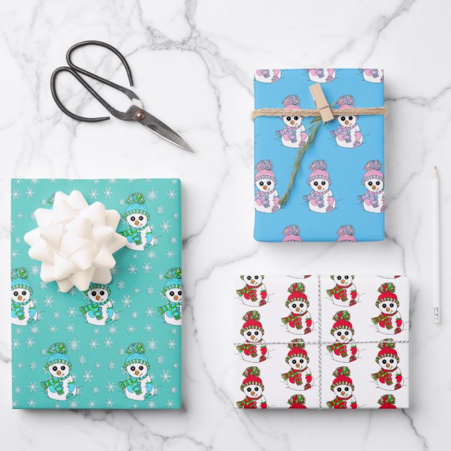 Hoja De Papel De Regalo Navidades verde azulados, rosados y azules de Snow (Anverso)