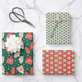 Hoja De Papel De Regalo Navidades verdes de estilo vintage gorras y mitone