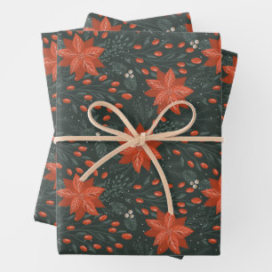 Hoja De Papel De Regalo Navidades Vintage Red Green Berries Poinsettia