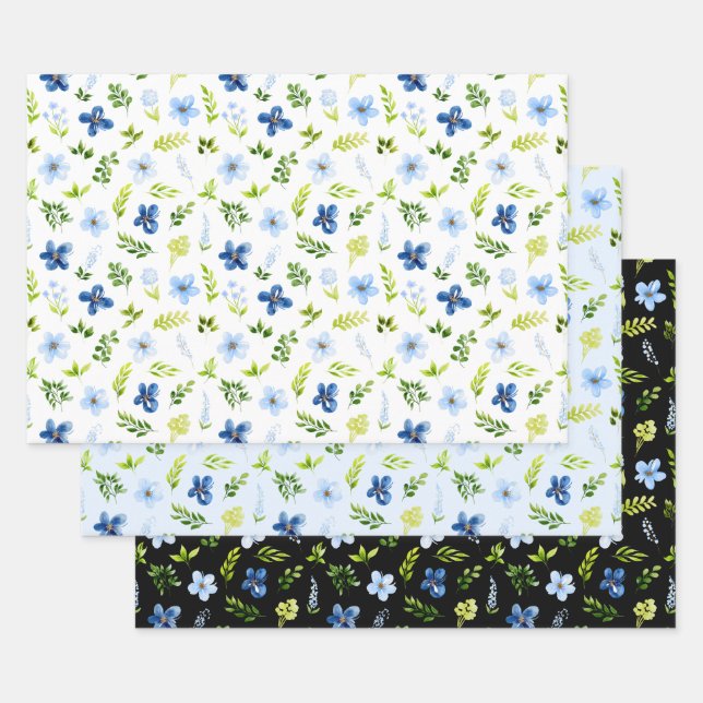 Hoja De Papel De Regalo Navy and Baby Blue Flowers with Foliage Pattern (Set)