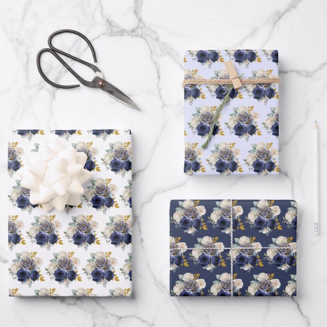 Hoja De Papel De Regalo Navy Blue and Gold Elegant Flowers  (Anverso)