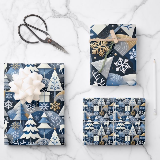 Hoja De Papel De Regalo Navy Blue Gold Nordic Christmas Forest Pattern (Anverso)