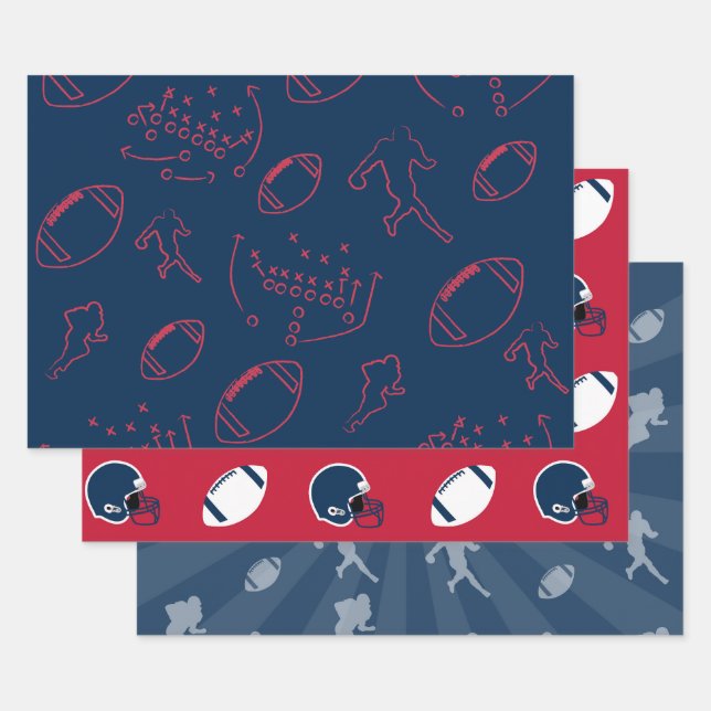 Hoja De Papel De Regalo Navy Blue, Red, and White Football Patterns (Set)