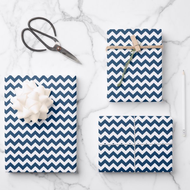 Hoja De Papel De Regalo Navy Zigzag, Navy Chevron, patrón geométrico (Anverso)