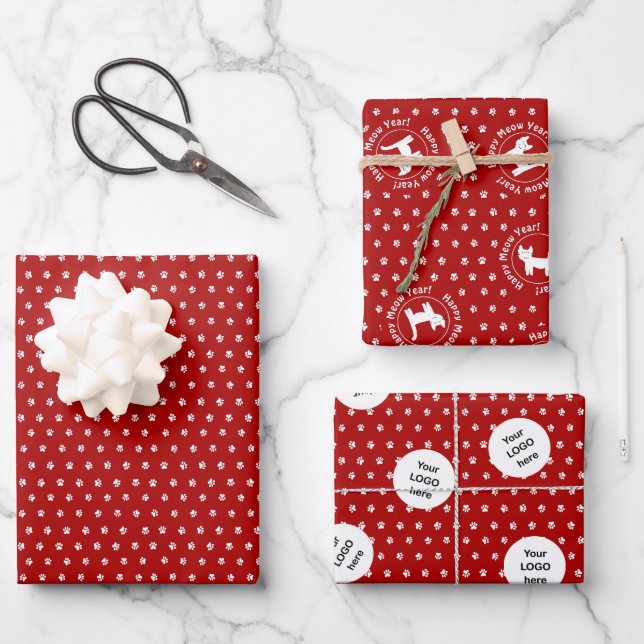 Hoja De Papel De Regalo Negocio de gatos de "Feliz Año Meow" (Anverso)