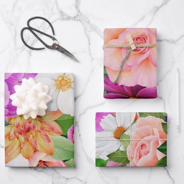 Hoja De Papel De Regalo Negrita acuarela Floral Morado Roses rosados Botán (Anverso)