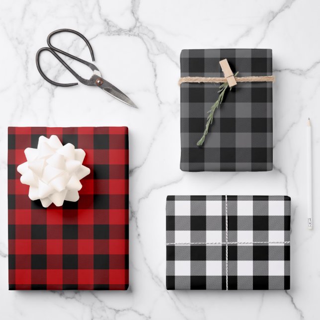 Hoja De Papel De Regalo Negro rojo y blanco trenzado de búfalo (Anverso)
