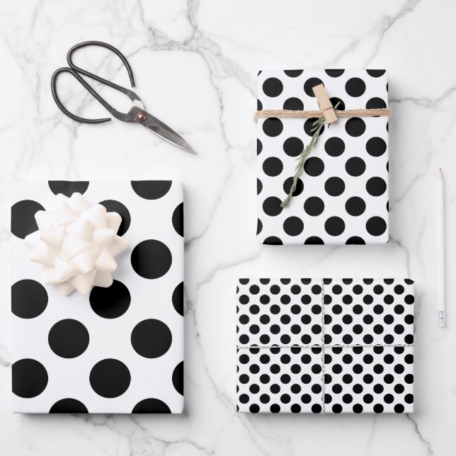 Hoja De Papel De Regalo Negro sobre puntos de Polka diferentes tamaños de  (Anverso)