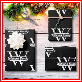 Hoja De Papel De Regalo Negro y Blanco | Monograma de apellido familiar si