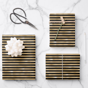 Hoja De Papel De Regalo Negro y Dorado Rayado Boda Cumpleaños 