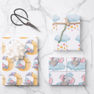 Hoja De Papel De Regalo Nene Elephant Moon Cloud Stars Hearte Cute