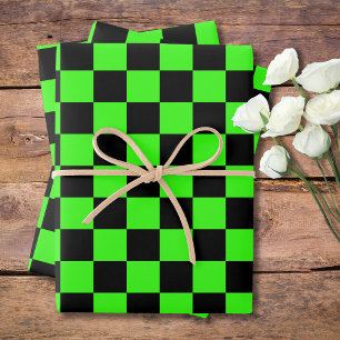 Hoja De Papel De Regalo Neon Green Black Checkered Checkerboard Vintage