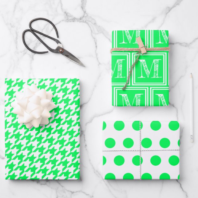 Hoja De Papel De Regalo Neon Green Houndstoth Monograma Polka Dot (Anverso)