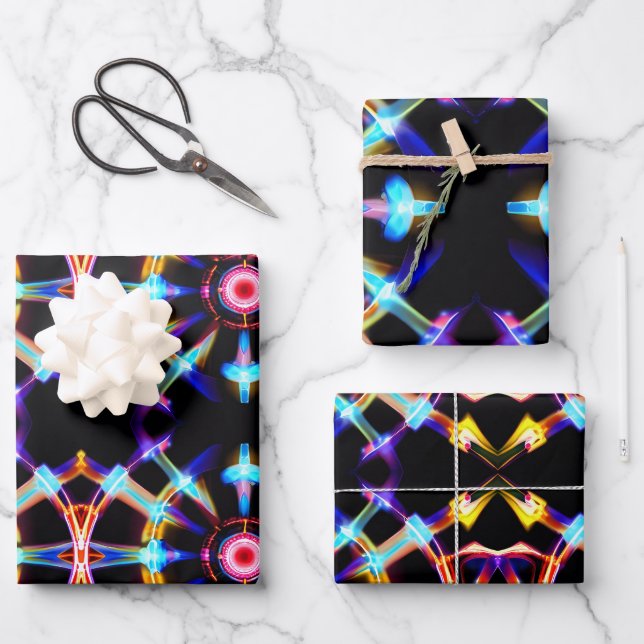 Hoja De Papel De Regalo Neon Starburst Kaleidoscope (Anverso)