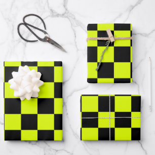 Hoja De Papel De Regalo Neon Yellow Black Checkered Checkerboard Vintage