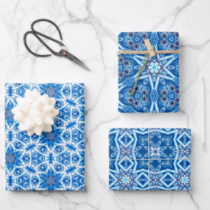 Hoja De Papel De Regalo Nieve azul, floral invernal y estelar