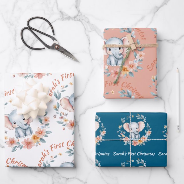 Hoja De Papel De Regalo Niña Bebé Primer Elefante De Navidad Nombre Rosa (Anverso)