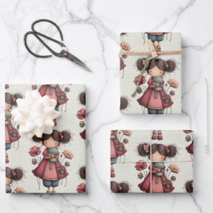 Hoja De Papel De Regalo Niña con muñeca de rana patrón caprichoso y lindo