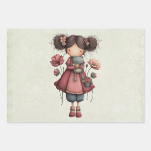 Hoja De Papel De Regalo Niña con una muñeca de rana linda y caprichosa