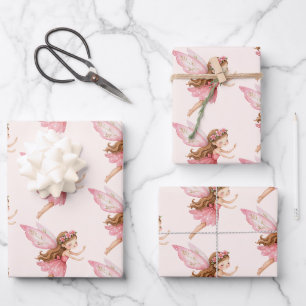Hoja De Papel De Regalo Niña Hada Encantadora con Vestido Rosa Patrón Capr