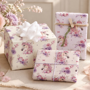 Hoja De Papel De Regalo Niña Poni Rosa Púrpura Floral Pastel