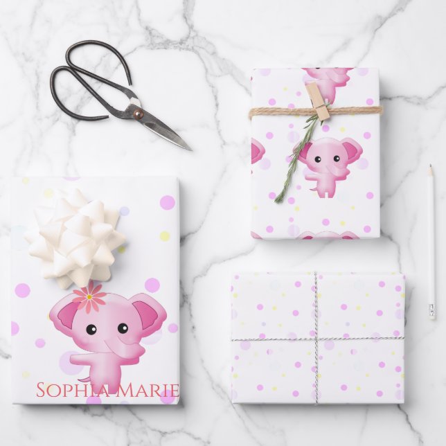 Hoja De Papel De Regalo Niña Rosa, pequeña elefante (Anverso)