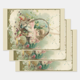 Hoja De Papel De Regalo Niña Victoriana Antigua, Cesta de Frutas de Primav