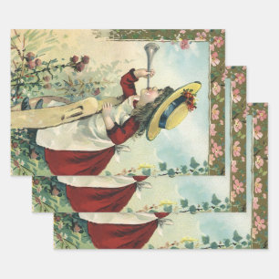 Hoja De Papel De Regalo Niña victoriana antigua, niña soplando corneta de 