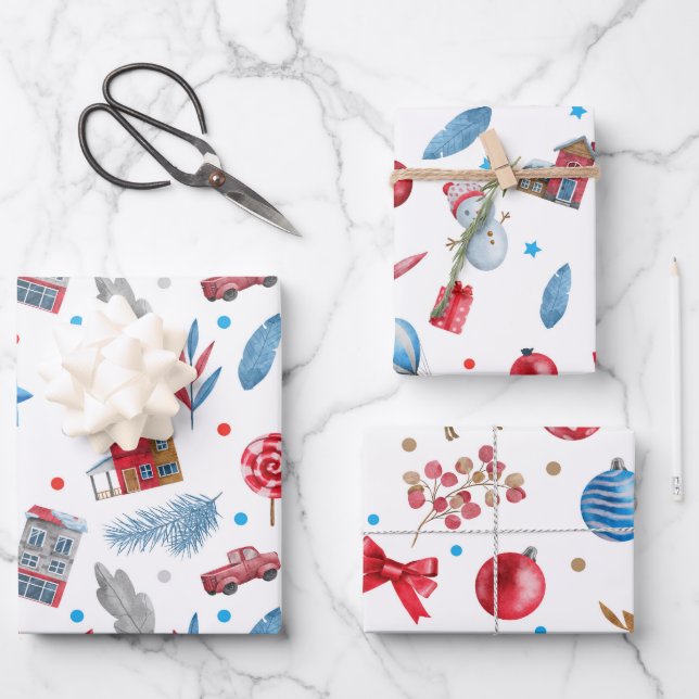 HOJA DE PAPEL DE REGALO NIÑAS, CASAS DE VACACIONES, ORNAMENTOS DE NAVIDAD, (Anverso)