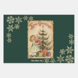 Hoja De Papel De Regalo Niñas de pinos de época presentan copos de nieve