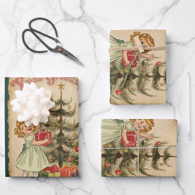 Hoja De Papel De Regalo Niñas de pinos de época presentan copos de nieve (Anverso)