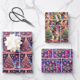 Hoja De Papel De Regalo Niñita decorando árboles de Navidad
