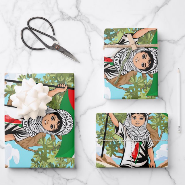 Hoja De Papel De Regalo Niño con bandera palestina de Keffiyeh y olivo (Anverso)