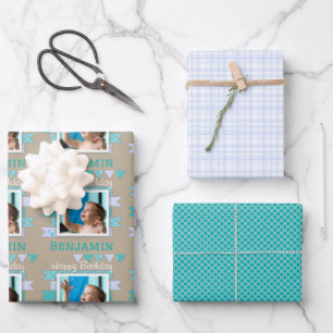Hoja De Papel De Regalo Niño Cumpleaños Aqua Y Blue Scrapbook