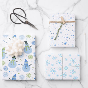 Hoja De Papel De Regalo Niño Navidades azules hombres de nieve y copos de