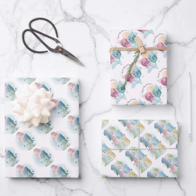 Hoja De Papel De Regalo Niño o Chica con dinosaurios bebés  (Anverso)