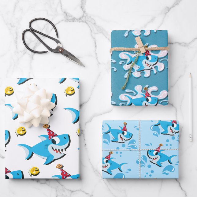 Hoja De Papel De Regalo Niño tiburón o fiesta de cumpleaños de Chica (Anverso)