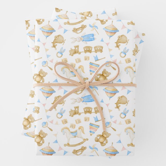 Hoja De Papel De Regalo Niños acuarela Toys Tren Conejo Conejo Bebé (In situ)