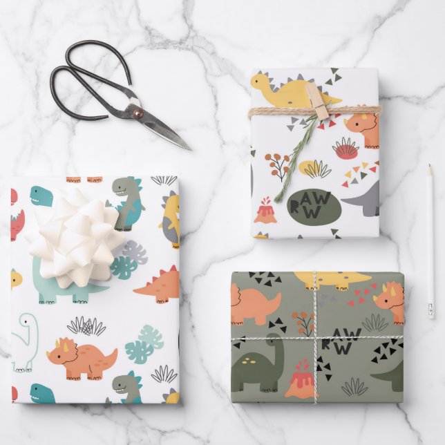 Hoja De Papel De Regalo Niños con patrones de dinosaurio (Anverso)