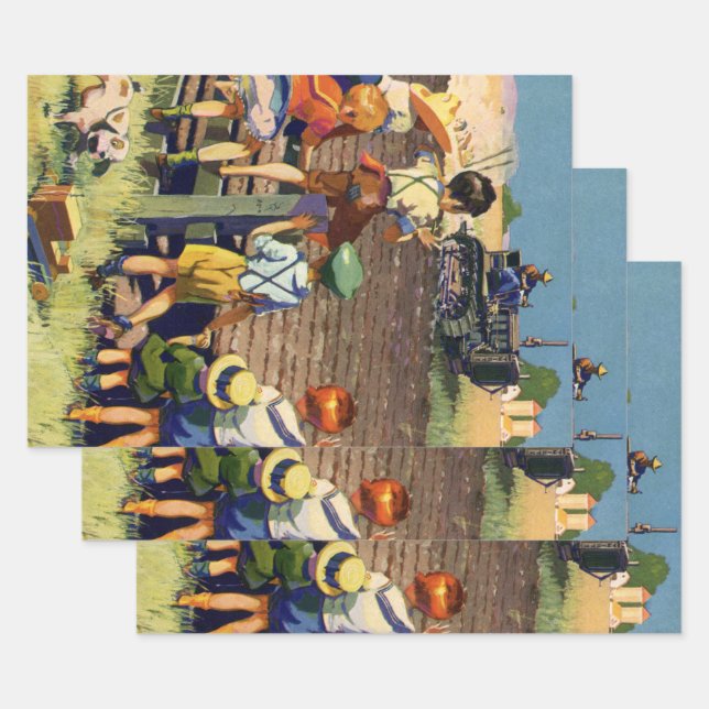 Hoja De Papel De Regalo Niños de la época saludando a granjeros locales en (Set)